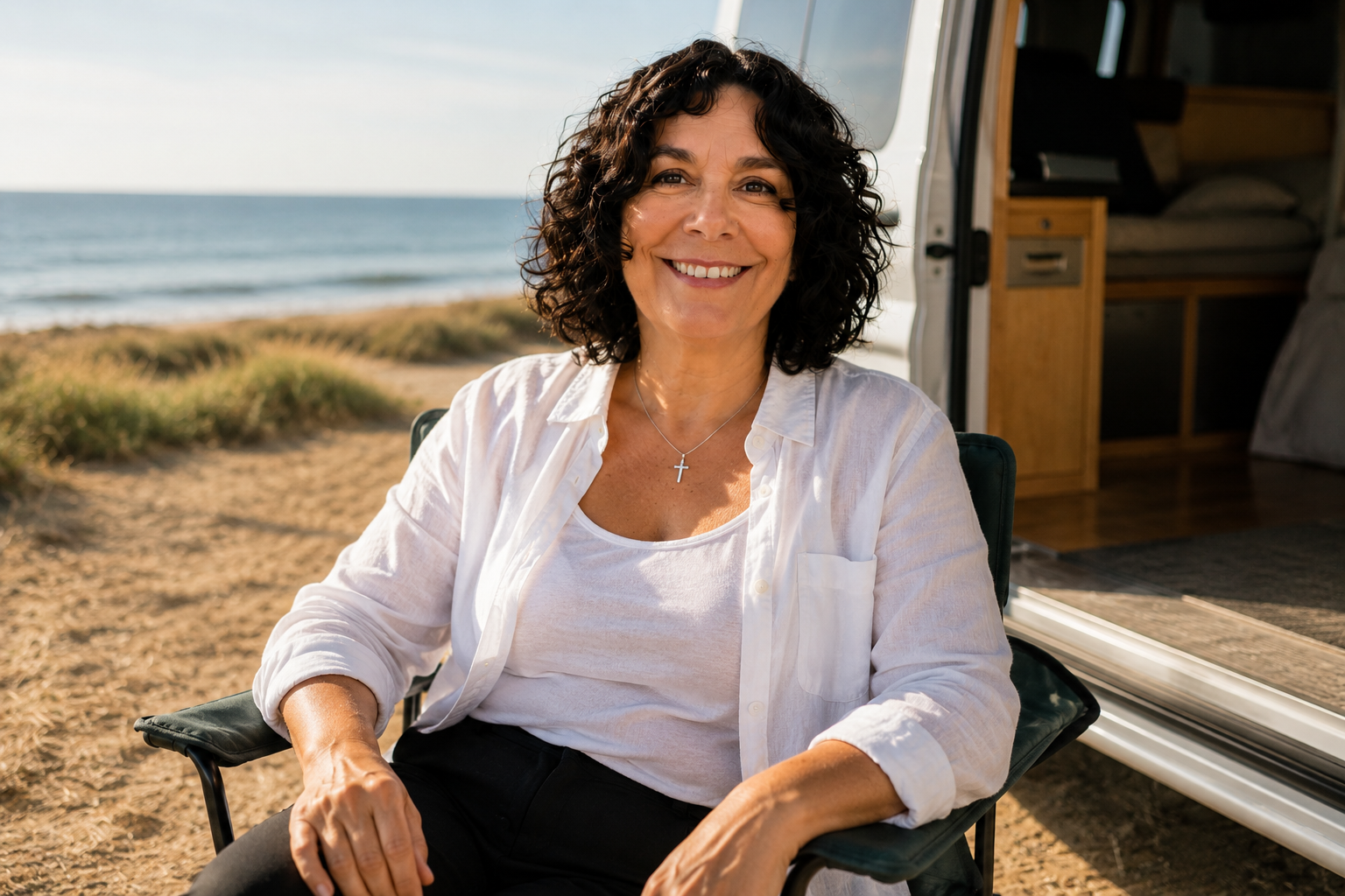 Kathrine sitting beside the van at the beach